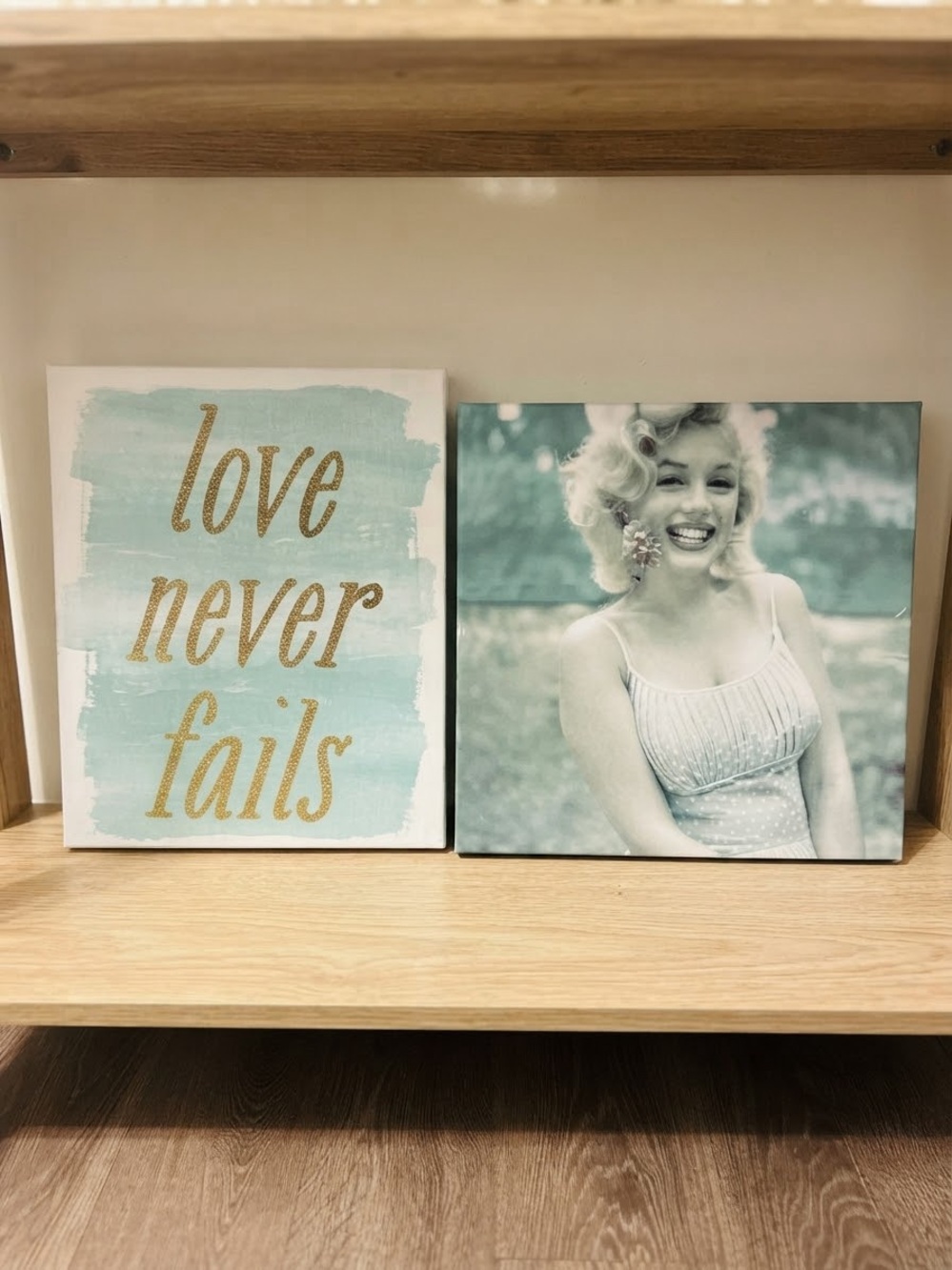 Love Never Fails in Mint and Gold and Marilyn Monroe Flower Candid - Wall Art